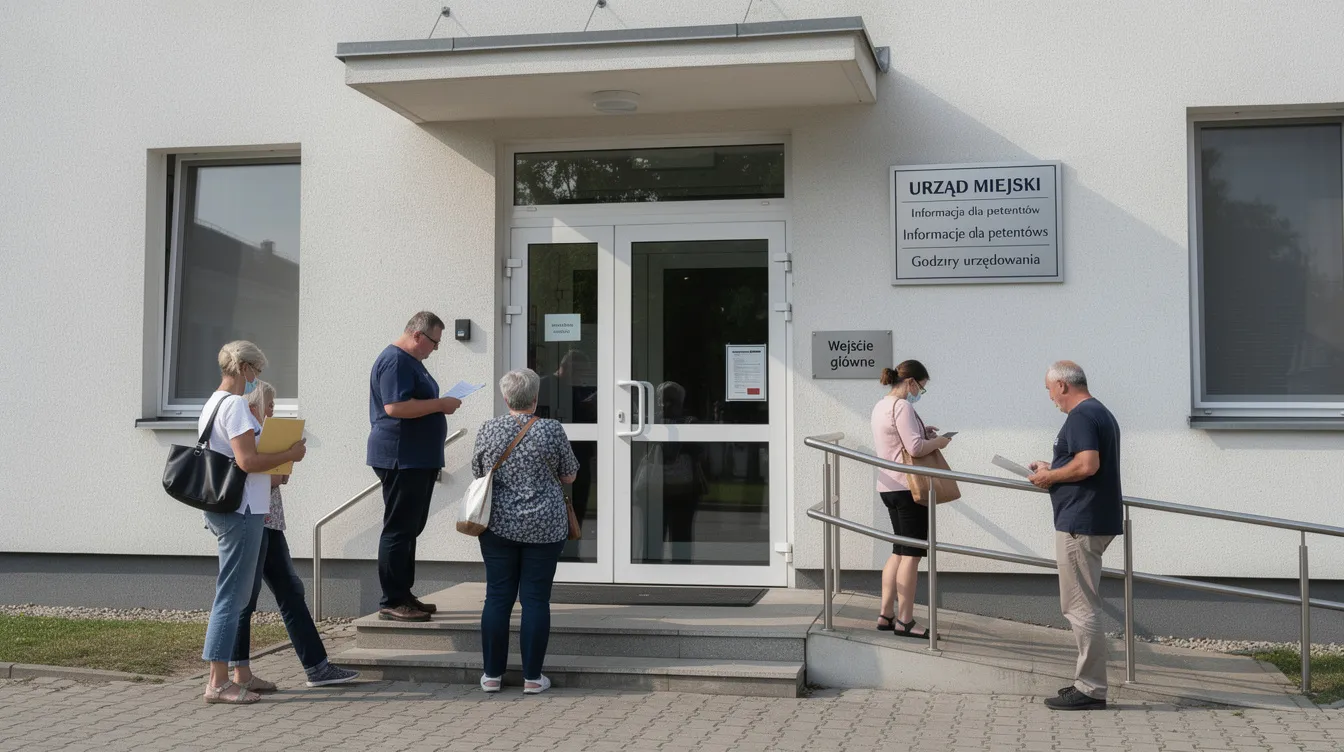 Na zdjęciu widoczny jest fragment budynku urzędu, przed którym stoją petenci czekający na załatwienie spraw związanych z pozwoleniem na budowę. W tle znajduje się tablica informacyjna, która może zawierać informacje na temat warunków zabudowy oraz procedur związanych z uzyskaniem decyzji administracyjnej.