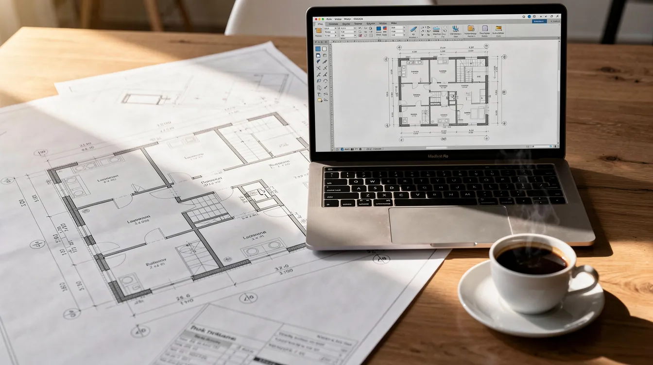 Na biurku znajdują się arkusze rysunków technicznych obok modelu domu oraz linijki, co sugeruje przygotowanie do adaptacji projektu domu. W tle widać dokumentację, która może być związana z opracowaniem projektu zagospodarowania działki oraz dostosowaniem do miejscowego planu zagospodarowania przestrzennego.