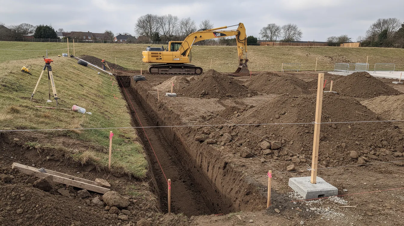 Na zdjęciu widoczna jest koparka wykonująca wykop pod fundamenty na działce z wyraźnym spadkiem terenu. W kontekście budowy domu, ważne jest uwzględnienie ukształtowania terenu oraz warunków lokalnych, które mogą wpłynąć na wybór projektu domu.