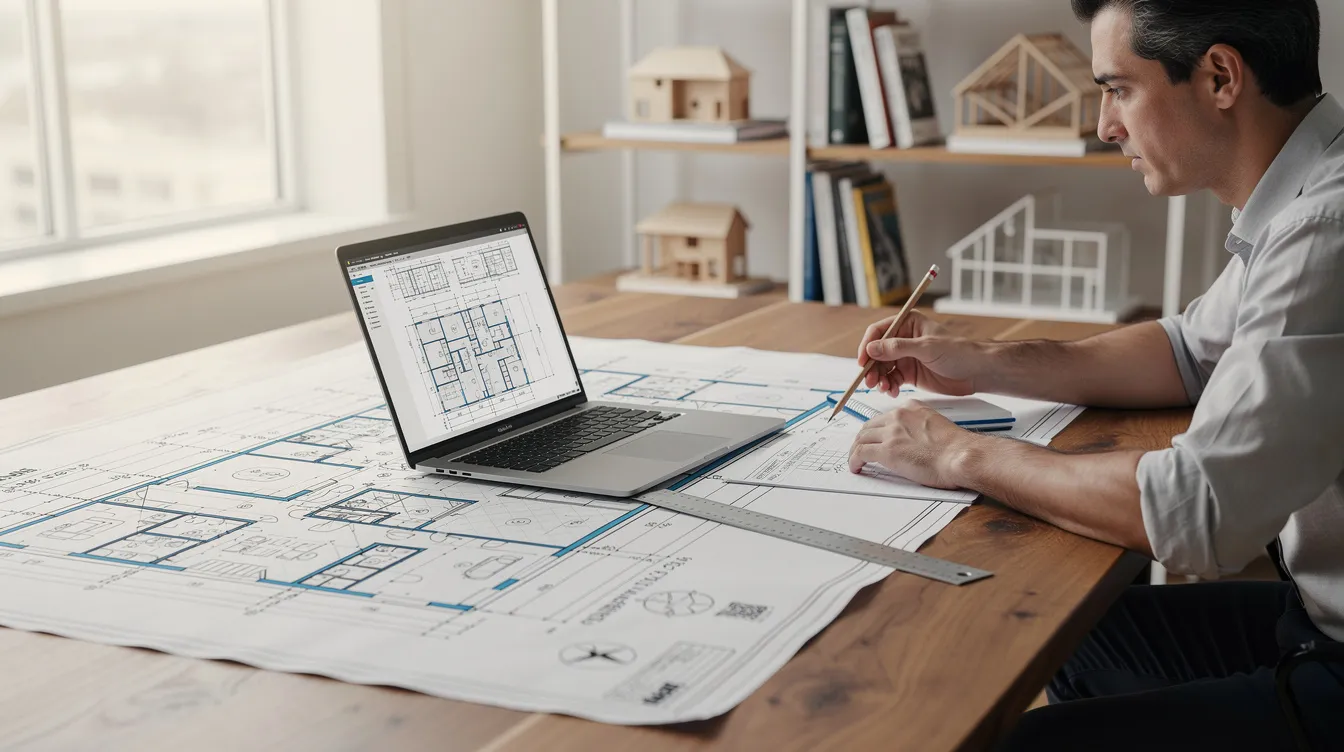 architekt siedzi nad gotowym projektem by zaadaptować go do warunków zabudowy i oczekiwań inwestora