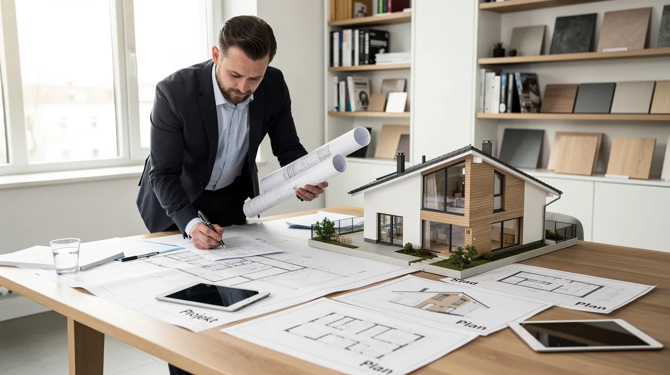 Na biurku architekta leżą dokumenty i mapy dotyczące miejscowego planu zagospodarowania przestrzennego, obok znajduje się makieta domu, która ilustruje projekt nowej zabudowy. Architekt analizuje warunki zabudowy oraz decyzje administracyjne związane z zagospodarowaniem terenu.