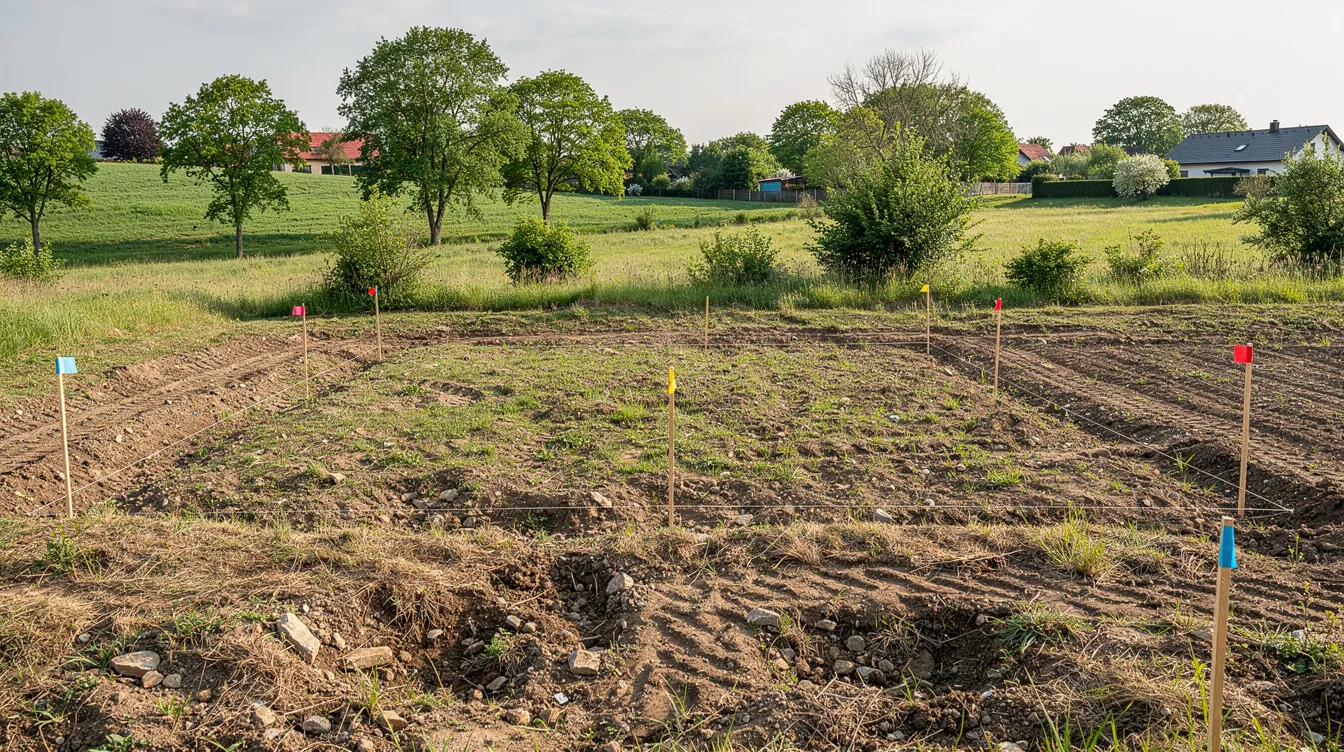 Widok pustej działki budowlanej z wbitymi palikami geodezyjnymi, otoczonej zielonym terenem podmiejskim, wskazuje na przygotowania do budowy domu jednorodzinnego. Działka jest w fazie dysponowania nieruchomością, co wiąże się z koniecznością uzyskania pozwolenia na budowę oraz sporządzenia projektu zagospodarowania terenu.