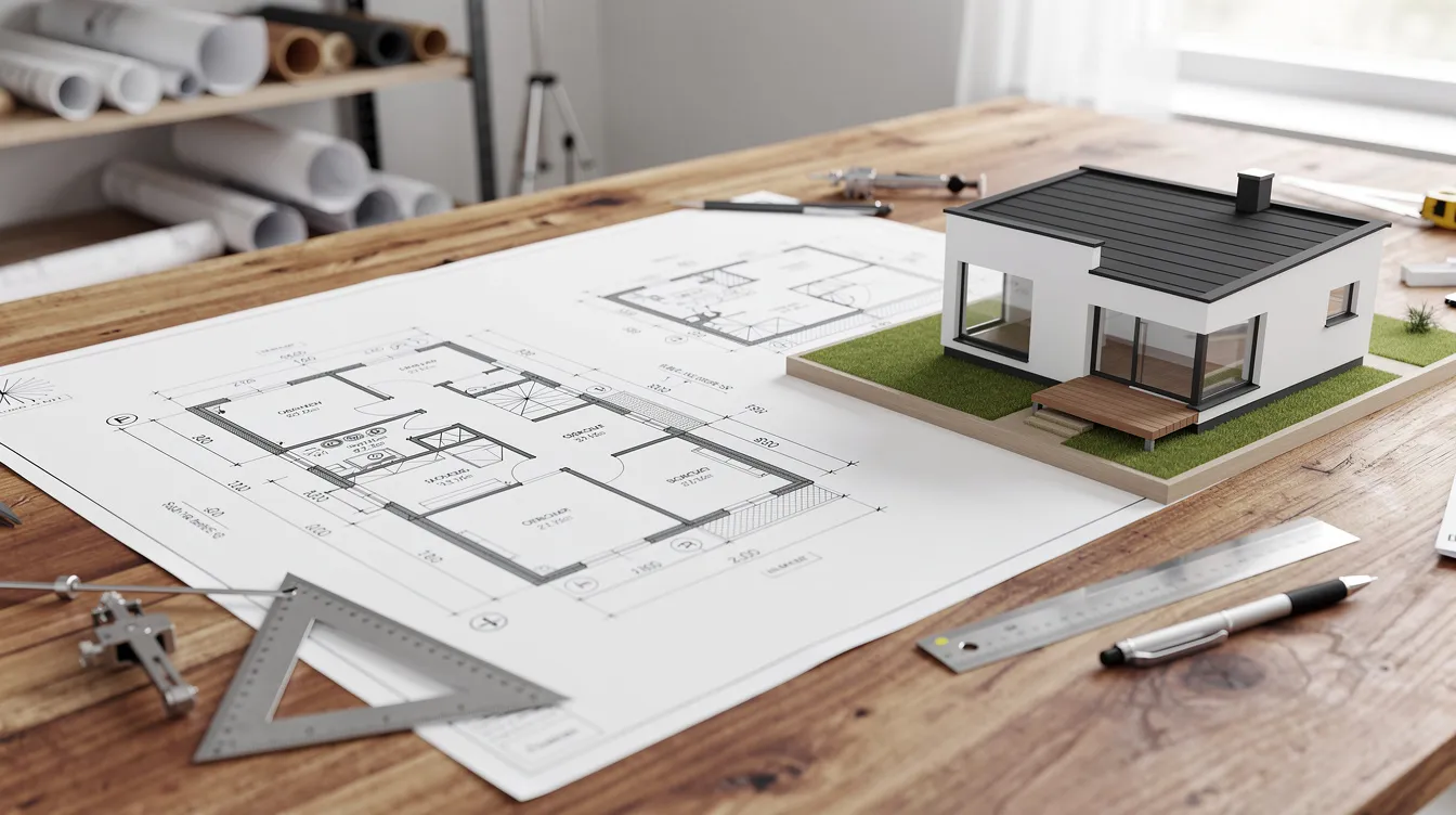Na stole znajdują się architektoniczne plany domu oraz model budynku jednorodzinnego, co ilustruje proces adaptacji projektu gotowego do indywidualnych potrzeb inwestora. Obok leżą też niezbędne dokumenty, które są kluczowe w uzyskaniu pozwolenia na budowę.