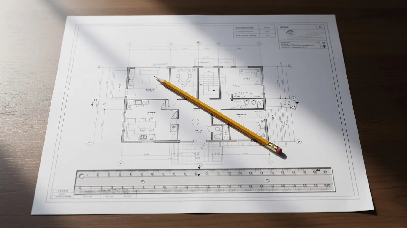 Na biurku znajduje się plan architektoniczny gotowego projektu domu, obok leży ołówek i linijka, co sugeruje, że można wprowadzać zmiany w dokumentacji projektowej lub adaptować projekt do indywidualnych potrzeb inwestora. W tle widać notatki dotyczące zmiany konstrukcji dachu oraz przesunięcia ścian działowych.