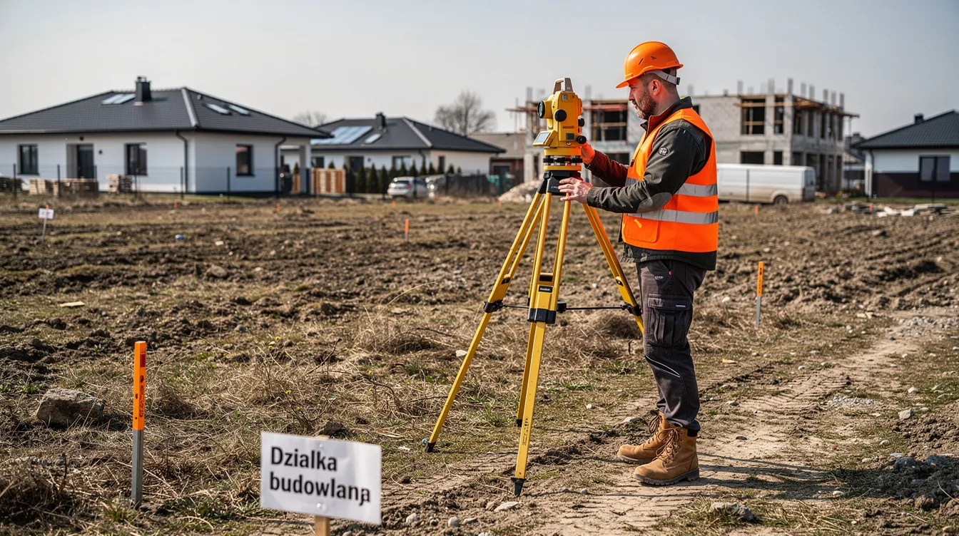 Na zdjęciu widoczny jest geodeta stojący na niezabudowanej działce budowlanej, trzymający instrument pomiarowy. W tle można dostrzec otwartą przestrzeń, co sugeruje, że teren jest w fazie przygotowań do adaptacji projektu budowlanego.