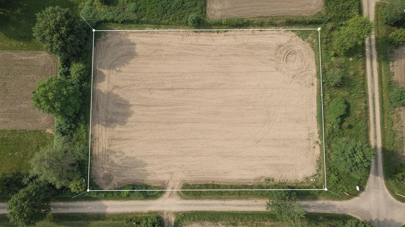Widok z góry na działkę budowlaną, na której wytyczone są granice, otoczona zielenią. Obszar ten jest idealny do realizacji projektu gotowego domu, zgodnego z miejscowym planem zagospodarowania przestrzennego.