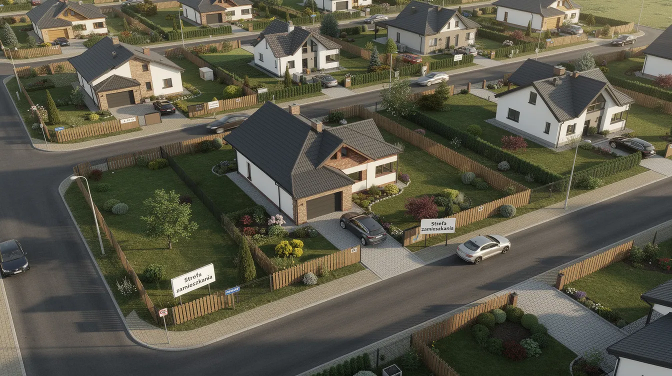 Widok z góry na osiedle domów jednorodzinnych otoczonych ogrodami oraz drogami dojazdowymi, które są zgodne z miejscowym planem zagospodarowania przestrzennego. Widać różnorodność zabudowy oraz przestrzeń przeznaczoną na zieleń, co sprzyja dobremu zagospodarowaniu terenu.