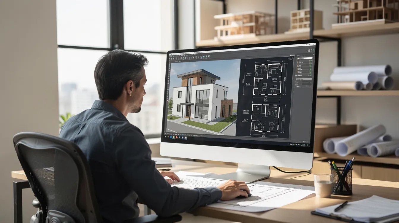 Na zdjęciu widoczny jest architekt pracujący przy komputerze nad projektem domu, analizujący dokumentację projektową oraz dostosowując projekt do lokalnych warunków i przepisów prawa budowlanego. W ramach współpracy z architektem adaptującym, projektant zajmuje się również określeniem obszaru oddziaływania obiektu oraz zagospodarowaniem terenu.