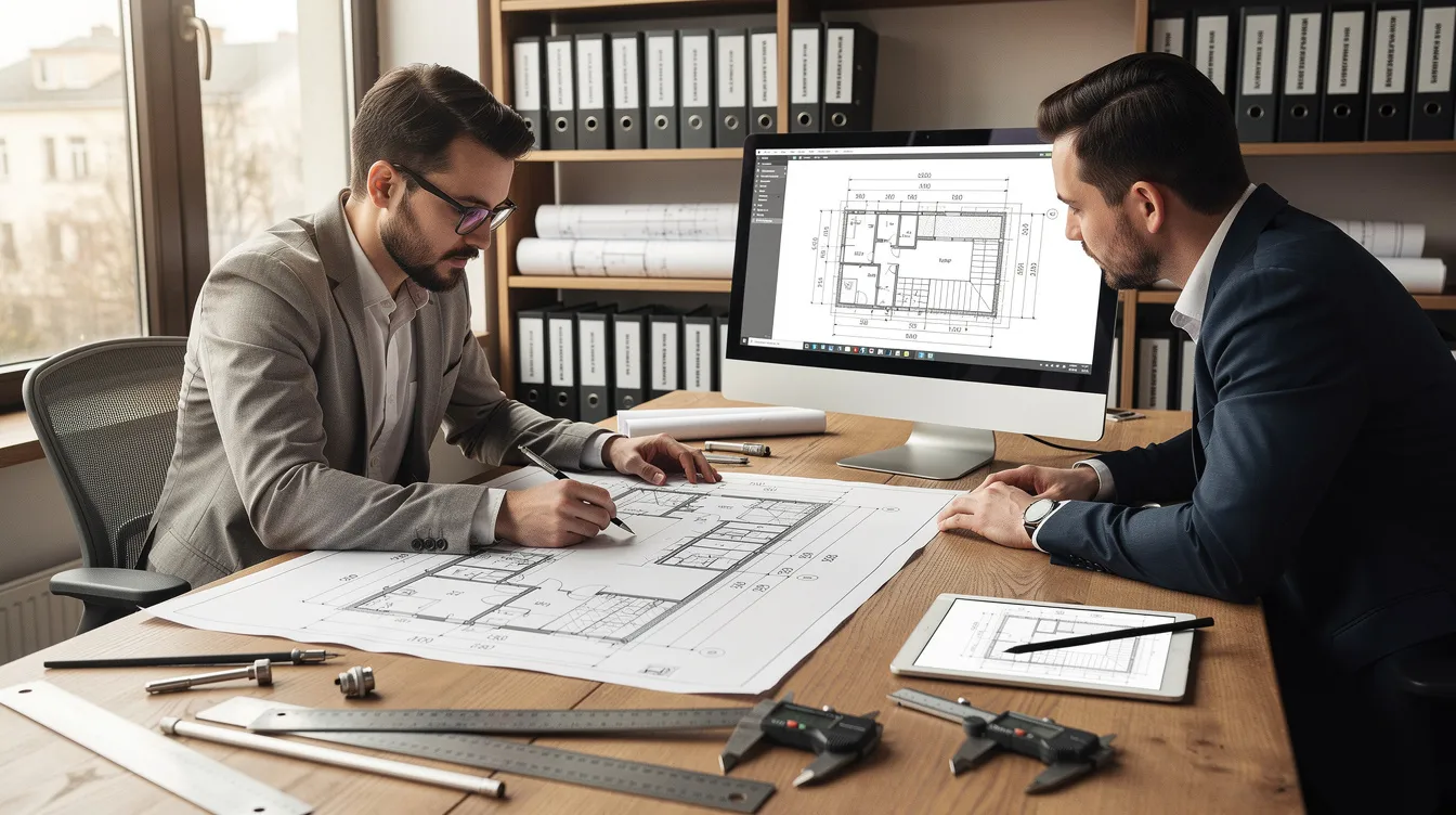 Na zdjęciu widoczni są architekci pracujący przy dokumentacji budowlanej, analizujący projekt architektoniczno-budowlany na komputerze. W tle można dostrzec plany zagospodarowania działki oraz różne dokumenty związane z pozwoleniem na budowę.